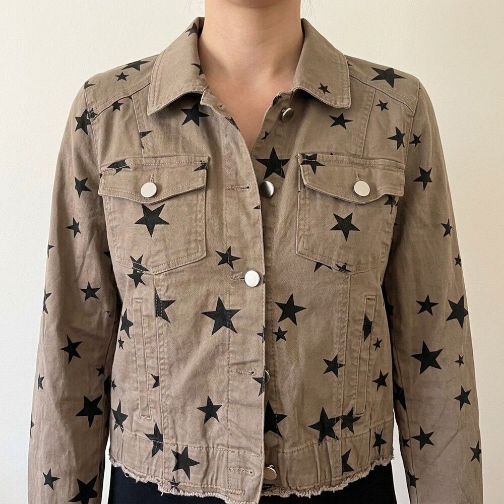 Fashion Nova Star Print Jacket Womens Brown Cropped Denim Trucker Y2K | Size L